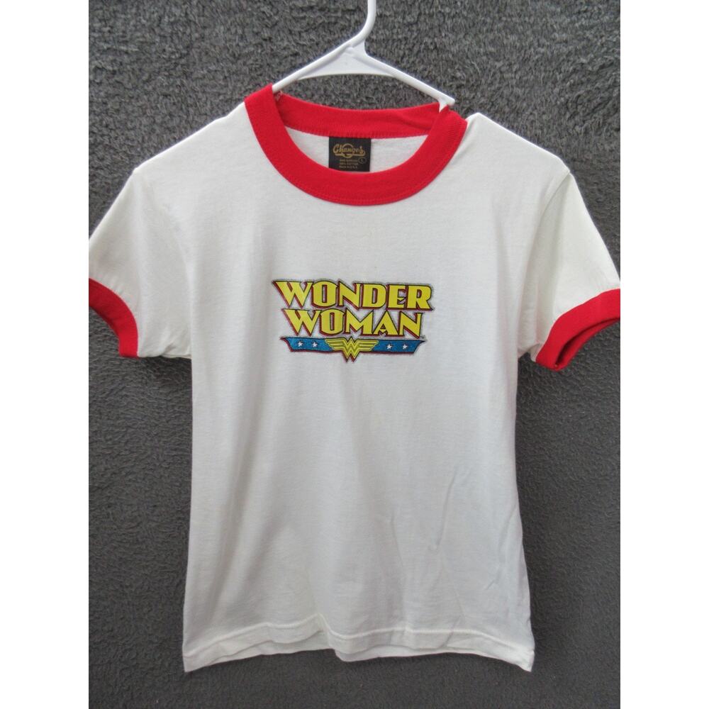 Vintage 80s WONDER WOMAN Ringer CHANGES T-shirt Large measures 17x24 Made USA